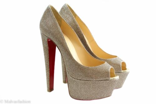 NIB CHRISTIAN LOUBOUTIN Altavera Gold Glitter Peep-Toe Platform Pumps, 9.5