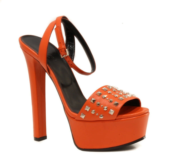 NEW/AUTHENT GUCCI 374523 Studded Leather Platform Sandals, Orange Sz 37.5/7.5 US