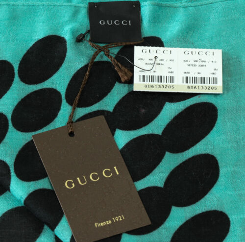 NEW/AUTHENTIC GUCCI 367220 GG Polka Dot Modal Viscose Scarf, Teal/Black