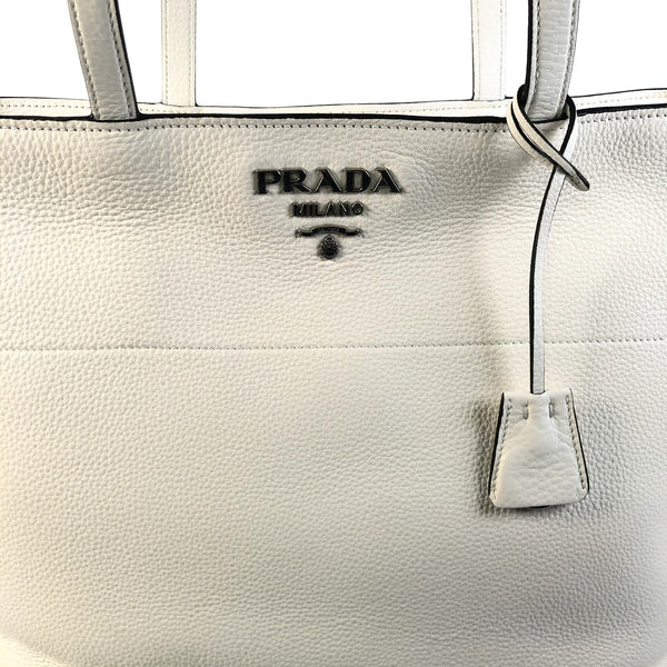 NEW PRADA Vitello Phenix Leather Zip Tote Bag, White