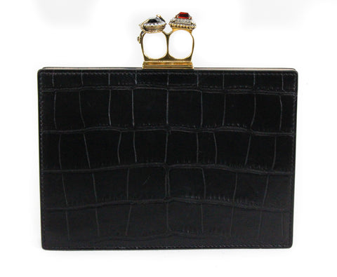 NEW ALEXANDER MCQUEEN Silky Croc Embossed Leather Four Ring Knuckle Clutch