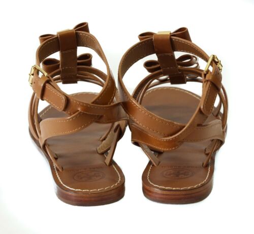 NIB TORY BURCH Kira Flat Leather Sandal, Brown 8 DISPLAY