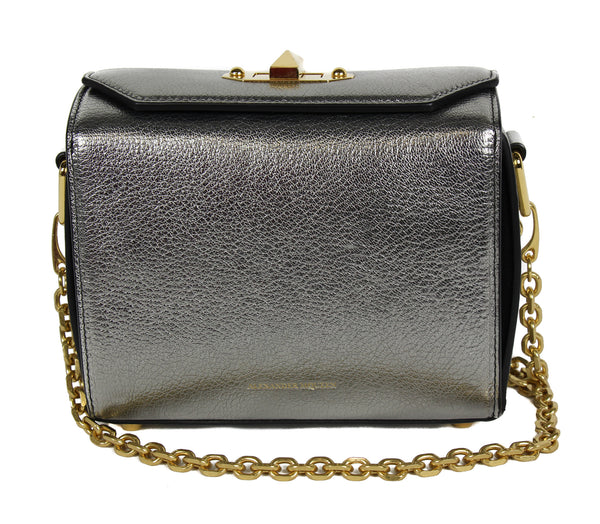 NEW ALEXANDER MCQUEEN Box 19 Metallic Grain Leather Convertible Crossbody Bag, Silver