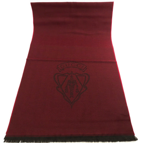 NEW/AUTH GUCCI 344993 Unisex Hysteria Crest 100% Wool Scarf, Red/Dark Burgundy