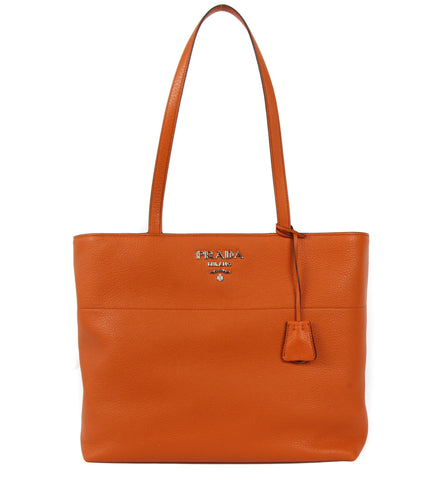 NEW PRADA Vitello Phenix Leather Shopping Tote Handbag, Orange