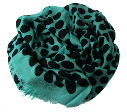 NEW/AUTHENTIC GUCCI 367220 GG Polka Dot Modal Viscose Scarf, Teal/Black