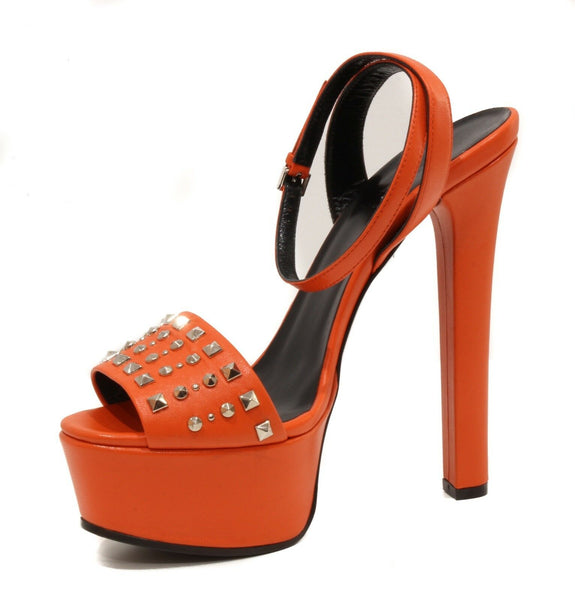 NEW/AUTHENT GUCCI 374523 Studded Leather Platform Sandals, Orange Sz 37.5/7.5 US