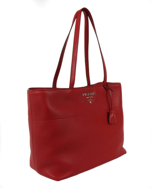 NEW PRADA Vitello Phenix Leather Shopping Tote Handbag, Red