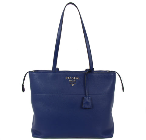 NEW PRADA Vitello Phenix Leather Shopping Tote Handbag, Blue