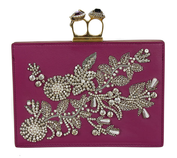 NEW ALEXANDER MCQUEEN Two Ring Knuckle Embroidery Leather Clutch, Burgundy