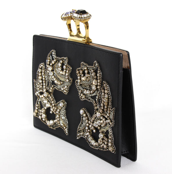 NEW ALEXANDER MCQUEEN Two Ring Knuckle Embroidery Leather Clutch