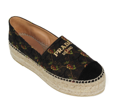 NEW PRADA Women's Jacquard Anemone Floral Espadrille Shoes, Size 37 / US 6