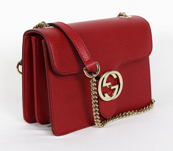 NEW/AUTHENTIC GUCCI 510304 Interlocking Leather Chain Crossbody Bag, Red