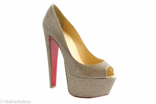 NIB CHRISTIAN LOUBOUTIN Altavera Gold Glitter Peep-Toe Platform Pumps, 9.5