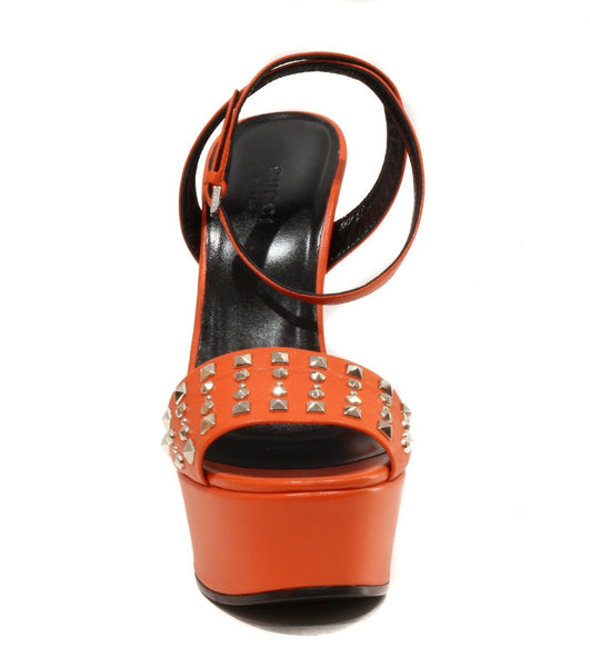 NEW/AUTHENT GUCCI 374523 Studded Leather Platform Sandals, Orange Sz 37.5/7.5 US