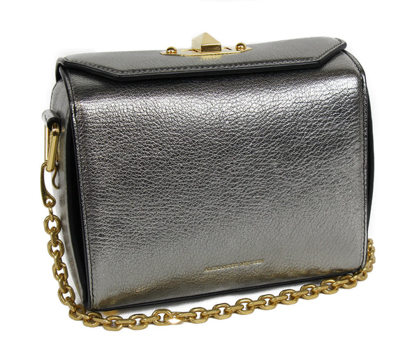 NEW ALEXANDER MCQUEEN Box 19 Metallic Grain Leather Convertible Crossbody Bag, Silver