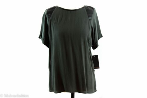 NWT ELLA MOSS Stella Short Sleeve Rayon/Faux Leather Tee, Army Green Size S