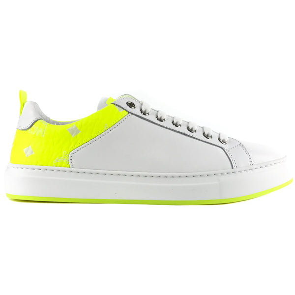 NEW MCM Logo Low Top Leather and Visetos Sneakers White/Yellow