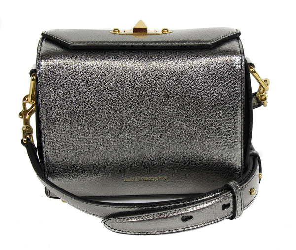 NEW ALEXANDER MCQUEEN Box 19 Metallic Grain Leather Convertible Crossbody Bag, Silver