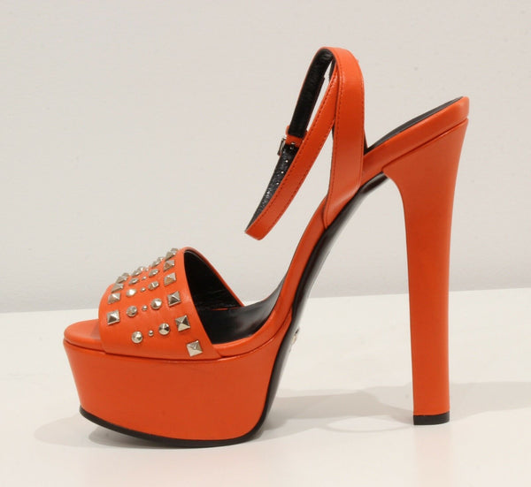 NEW/AUTHENT GUCCI 374523 Studded Leather Platform Sandals, Orange Sz 37.5/7.5 US