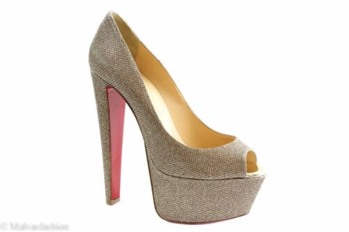 NIB CHRISTIAN LOUBOUTIN Altavera Gold Glitter Peep-Toe Platform Pumps, 9.5