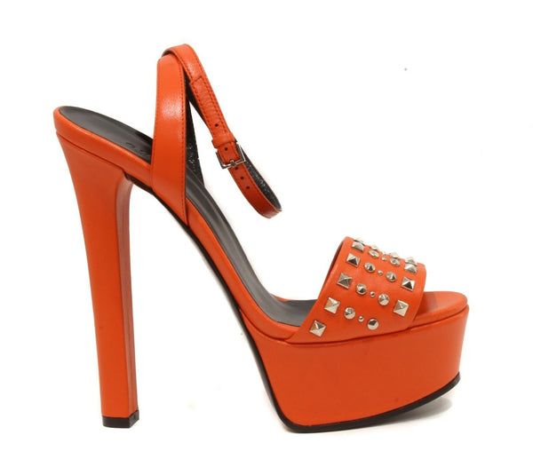 NEW/AUTHENT GUCCI 374523 Studded Leather Platform Sandals, Orange Sz 37.5/7.5 US