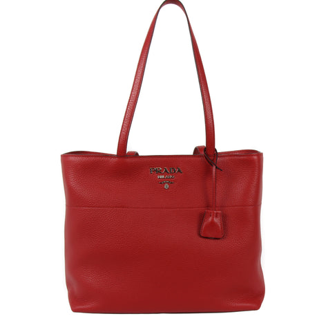 NEW PRADA Vitello Phenix Leather Shopping Tote Handbag, Red