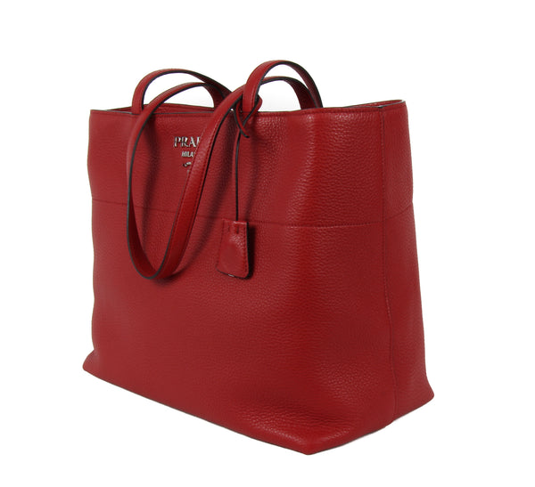 NEW PRADA Vitello Phenix Leather Shopping Tote Handbag, Red