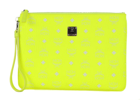 NEW MCM Visetos Neon Yellow Medium Pouch Wristlet, Neon Yellow