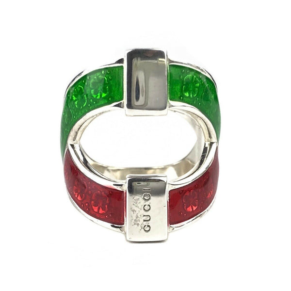 NEW/AUTHENTIC GUCCI 476873 Garden Sterling Silver and Enamel Ring, Red/Green