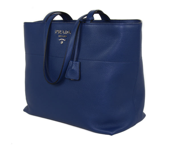 NEW PRADA Vitello Phenix Leather Shopping Tote Handbag, Blue