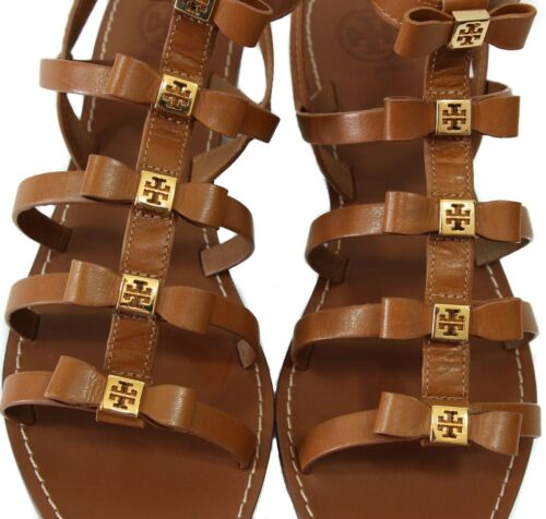 NIB TORY BURCH Kira Flat Leather Sandal, Brown 8 DISPLAY