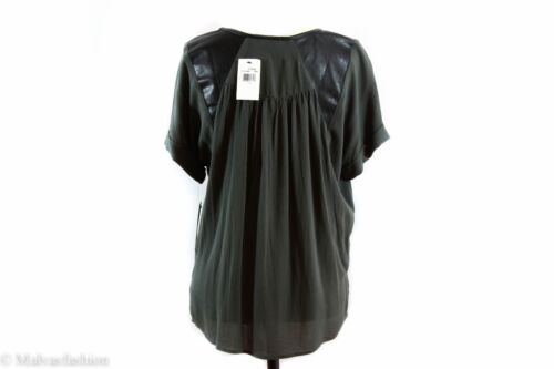 NWT ELLA MOSS Stella Short Sleeve Rayon/Faux Leather Tee, Army Green Size S