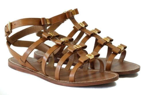 NIB TORY BURCH Kira Flat Leather Sandal, Brown 8 DISPLAY