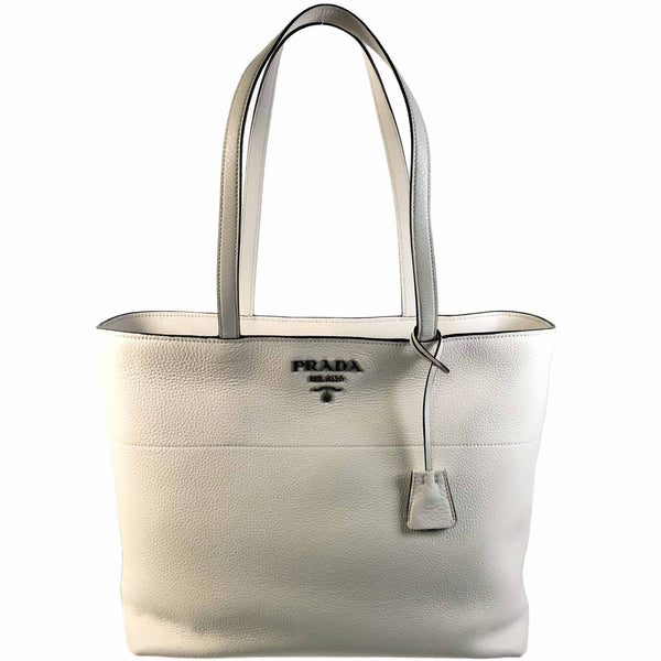 NEW PRADA Vitello Phenix Leather Zip Tote Bag, White