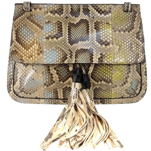 NEW/AUTHENTIC GUCCI 370826 Bamboo Daily Python Flap Shoulder Bag, Multicolor