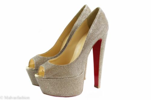 NIB CHRISTIAN LOUBOUTIN Altavera Gold Glitter Peep-Toe Platform Pumps, 9.5