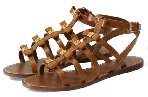 NIB TORY BURCH Kira Flat Leather Sandal, Brown 8 DISPLAY