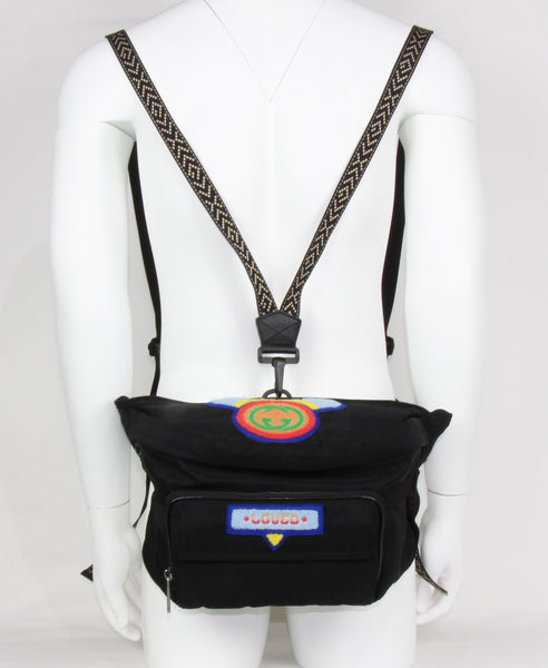 NEW GUCCI 536842 Belt Bag with Gucci 80's Patch Convertible Backpack, Black