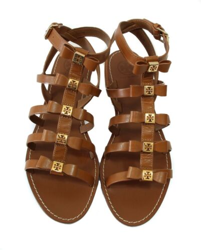 NIB TORY BURCH Kira Flat Leather Sandal, Brown 8 DISPLAY