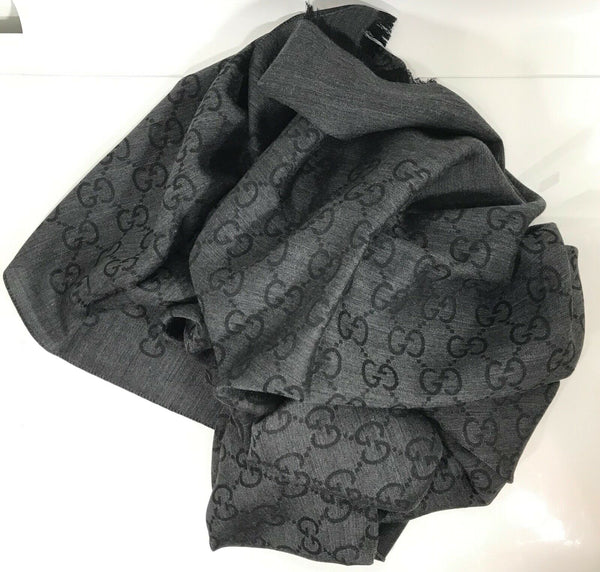 NEW/AUTH GUCCI 165903 Large Wool Silk GG Guccissima Scarf Muffler, Anthracite