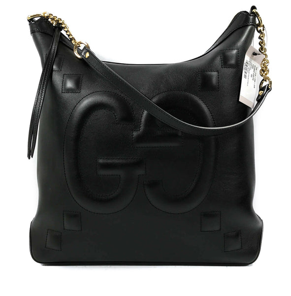 NEW/AUTHENTIC GUCCI 453562 Apollo Embossed GG Leather Hobo Handbag, Black