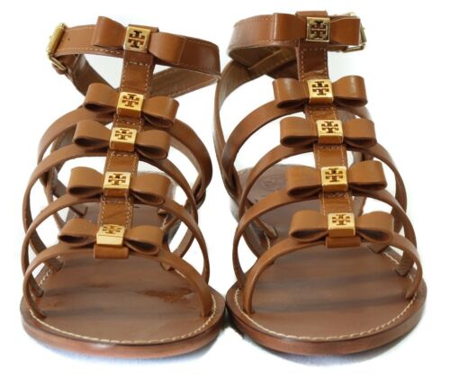 NIB TORY BURCH Kira Flat Leather Sandal, Brown 8 DISPLAY