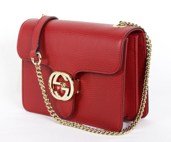 NEW/AUTHENTIC GUCCI 510304 Interlocking Leather Chain Crossbody Bag, Red