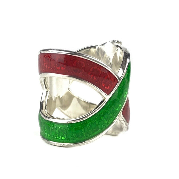 NEW/AUTHENTIC GUCCI 476873 Garden Sterling Silver and Enamel Ring, Red/Green