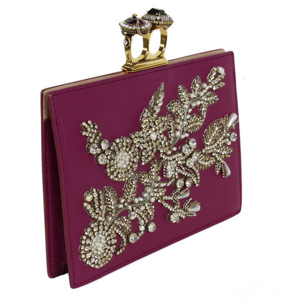 NEW ALEXANDER MCQUEEN Two Ring Knuckle Embroidery Leather Clutch, Burgundy