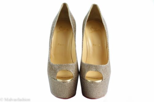 NIB CHRISTIAN LOUBOUTIN Altavera Gold Glitter Peep-Toe Platform Pumps, 9.5