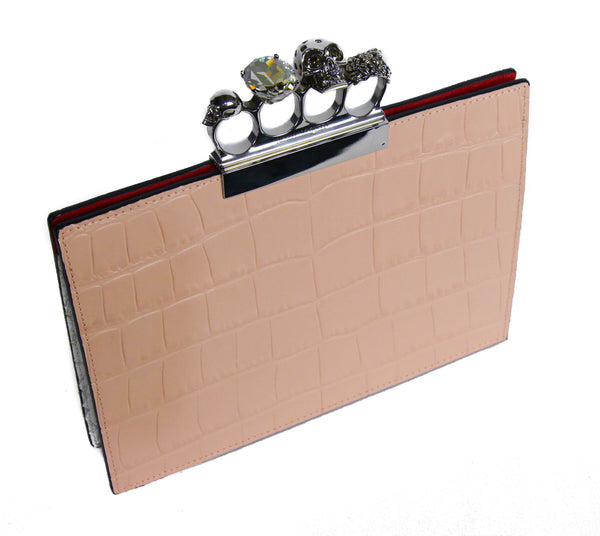 NEW ALEXANDER MCQUEEN Silky Croc Embossed Leather Four Ring Knuckle Clutch